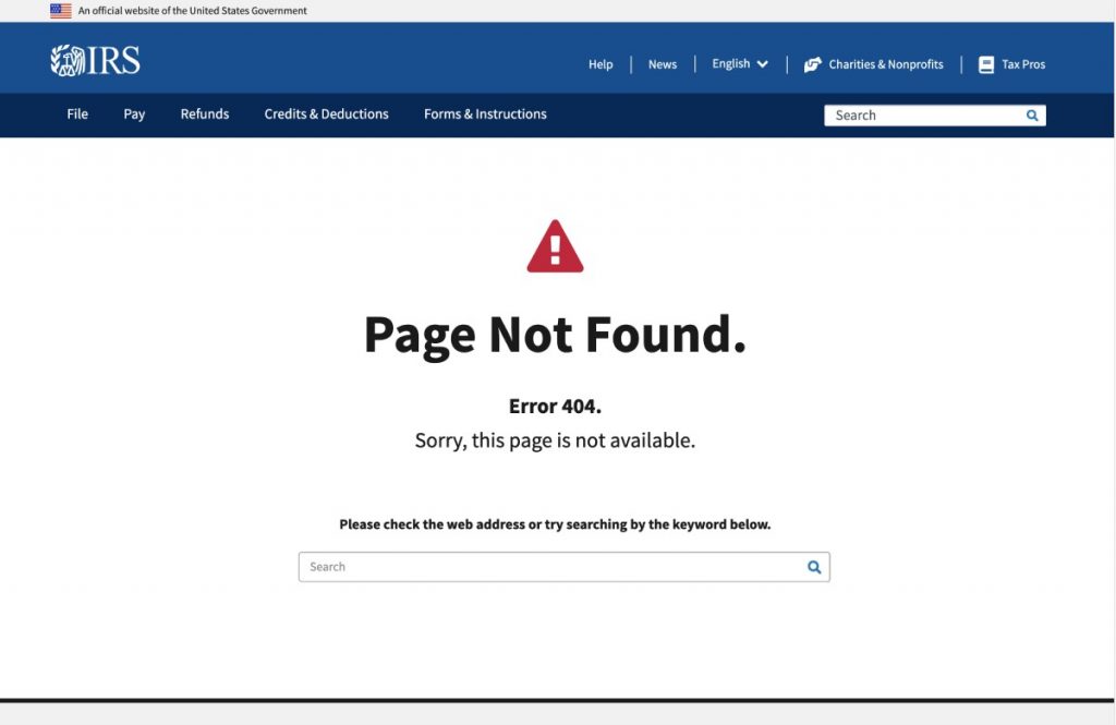 IRS 404 error page