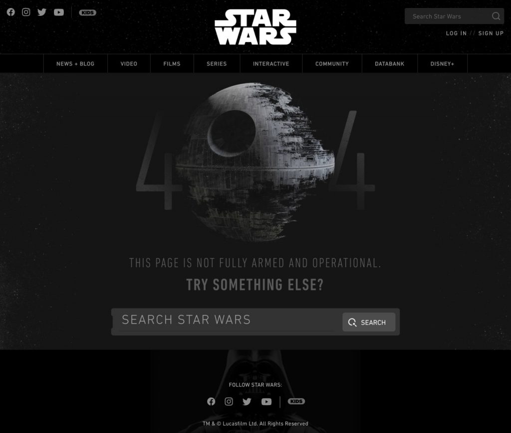 This page is not fully armed and operational. StarWars.com 404 error page